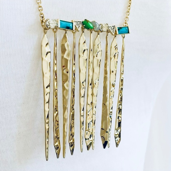 Alexis Bittar Gold Hammer Metal Fringe Gemstone Bar Turquoise Green Necklace - Picture 4 of 12